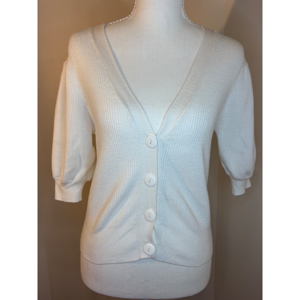 Philosophy Republic Clothing White Ribbed Puff Sleeve V-Neck Cardigan Sweater S